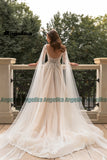 Runhufu Trendy Scoop Neck Wedding Dresses for Bride A Line Tulle High Slit Appliques Zipper Sleeveless Sweep Train Custom Made