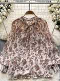 Runhufu Korean Print Chiffon Shirt Bow Neck Long Sleeves Loose Leopard Top Casual Paisley Vintage Floral Blouse Spring 2024