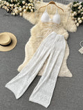 Runhufu Women Summer Design Knitted Set Sexy Backless Halter Short Tops+Chic Hollow Knitted Wide Leg Long Pants Two Piece Suit