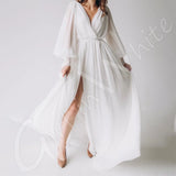 Runhufu V-neck Chiffon Wedding Dresses Full Sleeves Bridal Robes A Line Bride Gown With High Slit Vestido De Noiva Custom Plus Size