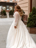 Runhufu A-line Plus Size Wedding Dresses 2023 for Women Tulle Long Sleeve V-neck Appliques Bridal Gown Elegant Robe de Mariee