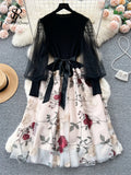 Runhufu Senior Knitted Patchwork Dress Long Lantern Sleeves Bow Mesh Embroidery Floral Women Autumn France Elegant Party Dress