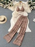 Runhufu Women Summer Design Knitted Set Sexy Backless Halter Short Tops+Chic Hollow Knitted Wide Leg Long Pants Two Piece Suit