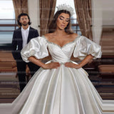 Runhufu Crystal Off Shoulder Sweetheart Wedding Dresses For Woman A Line Puff Sleeve Satin Sweep Train Bridal Gowns Formal Party