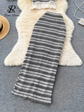 Runhufu Summer Knitted Beach Two Pieces Suits Women Strap Tassel Camis+Long Skirts Fashion Hollow Out Vintage Bohe Slim Sets