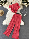 Runhufu Vacation Casual Sports Suits Summer Off Shoulder Short Camis Tops+High Waist Wide Leg Pants Women Y2K Two Pieces Sets