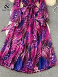 Runhufu France Retro Chiffon Dress Floral Print V Neck Long Lantern Sleeves Bandage Bow Female Loose Autumn A Line Maxi Dress