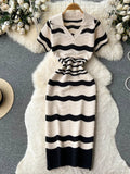 Runhufu Short Sleeves Striped Long Dress Lapel Neck Hollow Out Slim Bodycon Sundress Fashion Hotsweet Knitted Beach Midi Dress