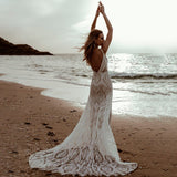 Runhufu Bohemian Spaghetti Straps Sleeveless Beach Wedding Dress For Women 2023 V-Neck Pattern Sexy Beach Illusion Bridal Gown