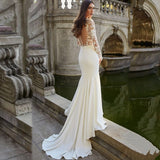 Runhufu Sexy Deep V-Neck Wedding Dres Long Sleeve Backless Modern Mermaid Bride Gown Illusion Zipper Button Vestido De Novia