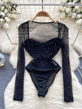 Runhufu 2024 New Spring Diamonds Bodysuits American Long Sleeve Slim Skinny Playsuits Female Sexy Perspective Mesh Rompers