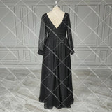 Runhufu Black Long Bishop Sleeves V Neck Custom Made Wedding Dress A Line Maxi Full Length Low Cut Backless Evening Prom Gowns
