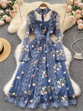 Runhufu Autumn Gauze Sweet Party Dress Women Embroidery Long Sleeve A Line Female Fashion Streetwear Long Print Evening Dress