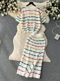 Runhufu Summer Knit Casual Two Pieces Sets Women Loose Short Camisole+ Skinny Long Dress Retro Stripe Hollow Out Design Suit