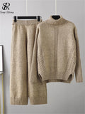 Runhufu Women Casual Fashion Sweater Sets Turtleneck Loose Thick Knit Top+Elastic Wide Leg Long Pants Winter Two Pieces Suits