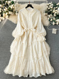 Runhufu French Hotsweet Long Dress Women O Neck Lantern Sleeve Fashion Single Breasted Lace up Design Embroidery Lace Dress