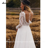 runhufu Chiffon V Neck Long Sleeve Bridal Dress Sweep Train Lace Open Back Bohemian Boho Beach Wedding Dress Wedding Gown