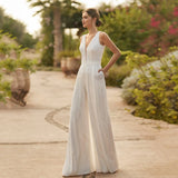 Runhufu White Two Pieces Wedding Dresses V Neckline Pants Suit Bridal Gowns Half Sleeve Bride Dress Beach 2024 Jumpsuit Boho