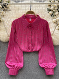 Runhufu Autumn Senior Vintage Shirt 2024 Fashion Lantern Sleeve Loose Beading Design Top Women Lapel Streetwear Diamons Blouse