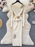 Runhufu 3D Floral Slim Knitted Long Dress 2024 Ladies Long Sleeves Korean Streetwear Striped Sheath Warm Bodycon Sweater Dress