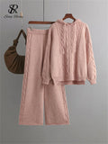 Runhufu Drawstring Hooded Women Knitted Sets Irregular Loose Sweater+Casual Wide Leg Long Pants Winter Warm Two Pieces Suits