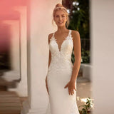 Runhufu V-Neck Sleeveless Boho Mermaid Wedding Dress For Women 2023 Lace Appliques Open Back Floor Length Bridal Gown Custom Made