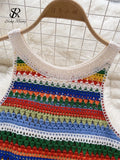 Runhufu Bohemian Rainbow Knit Tops Y2k Hooked Flower Hollow Out Sleeveless Sweet Summer Women Holiday Beachwear Colorful Camis