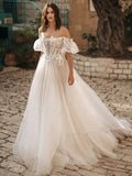 Runhufu Simple Wedding Dresses Boat-Neck A-Line Bridal Gowns Lace Appliques Tulle Robes Off The Shoulder Vestidos De Novia 2024