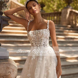 Runhufu Wedding Dress Chiffon A-line Floor Length V-neck Bride Dress Appliques Sleeveless Slit A Line Button Robes De Mariée