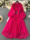 Runhufu Vintage Senior Pleated Dress V Neck Lantern Sleeve Zipper Bow Diamonds High Quality Lady France Elegant A Line Dress