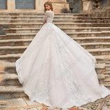 Runhufu Light Champagne Wedding Dress For Bride Long Sleeves Scoop Bride Gowns Tulle A-Line Princess Applique Vestidos De Novia