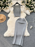 Runhufu 2024 Retro Knitted Two Pieces Sets Sleeveless Short Top+High Waist Slim Long Skirts Female Summer Hotsweet Suits
