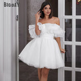 Runhufu Mini Short Wedding Dresses for Women 2024 Bride A Line Wedding Gowns Off the Shoulder Ruffle Belt Sleeveless Bridal Dress