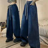 Runhufu Women Vintage Baggy Jeans Elastic Waist Oversized American Trouser Denim Wide Leg Streetwear Straight Basic Pants Y2k
