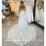 runhufu A-Line Split Chiffon Illusion Bodice Backless Beach Wedding Dresses for Women Appliques Summer Boho Bride Dress