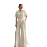 Runhufu Arrival Pants Suit Wedding Dresses 2024 Bridal Gowns Round Neck Bride Dress Short Sleeves Jumpsuit Lace Back Out