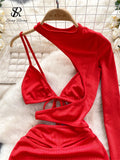 Runhufu Single Shoulder Bodycon Party Dress Backless Lace Up Bra Hollow Out Slim Fit Solid 2024 Spring Chic Sexy Evening Dress