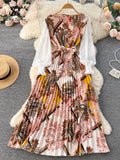 Runhufu Ethnic Style Print Dress Women Spring New Fashion Puff Sleeve Lace-up Design Sheath 2024 Retro A-Line Long Dress