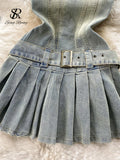 Runhufu Off the Shoulder Sexy Denim Dress 2024 Strapless Sashes Patchwork Bodycon Dress Ladies Ins Streetwear Short Sundress