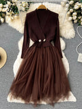 Runhufu Autumn Solid Knitted Long Dress Women Warm Vest+Long Sleeves Mesh Patchwork Thick Sweater Dress Two Pieces Suits