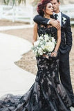 Runhufu Gothic Black Wedding Dress See-Through O-Neck Sleeveless Lace Appliques Mermaid Tulle Floor-Length Bride Prom Party Dress