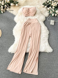 Runhufu Korean Style Hotsweet Sets Sexy Strapless Short Tops+Basics High Waist Split Wide Leg Pants Fashion Casual Beach Suits