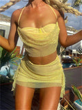 Runhufu Yellow 2Pieces Top Skirt Sets Summer Beach Vacation Streetwear Outfit Women's Tie-up Halterneck Backless Vest+Mini Skirt