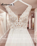 runhufu V Neck Boho A Line Wedding Dress 2023 Chic Robe Tank Bohemian Beach Bride Dress Lace Appliques Tulle Vestido De Noiva