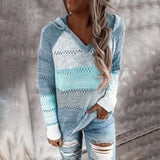 Runhufu Fall Winter Patchwork Hooded Sweaters for Women Long Sleeve V-Neck Slim Pullover Tops Jumper Plus Size Female Knit Sweaters