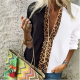 Runhufu Leopard White Spliced Blouse Women Shirts Spring Fall Long Sleeve Zip Up V-Neck Tops Casual Female Plus Size Blouse