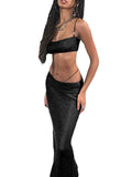 Runhufu Summer Women Two Piece Matching Sets One-Shoulder Straps Crop Tube Tops+Long Fishnet Skirts Party Street Beach Suits