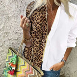 Runhufu Leopard White Spliced Blouse Women Shirts Spring Fall Long Sleeve Zip Up V-Neck Tops Casual Female Plus Size Blouse