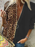 Runhufu Leopard White Spliced Blouse Women Shirts Spring Fall Long Sleeve Zip Up V-Neck Tops Casual Female Plus Size Blouse