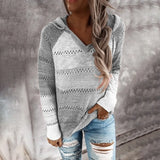 Runhufu Fall Winter Patchwork Hooded Sweaters for Women Long Sleeve V-Neck Slim Pullover Tops Jumper Plus Size Female Knit Sweaters